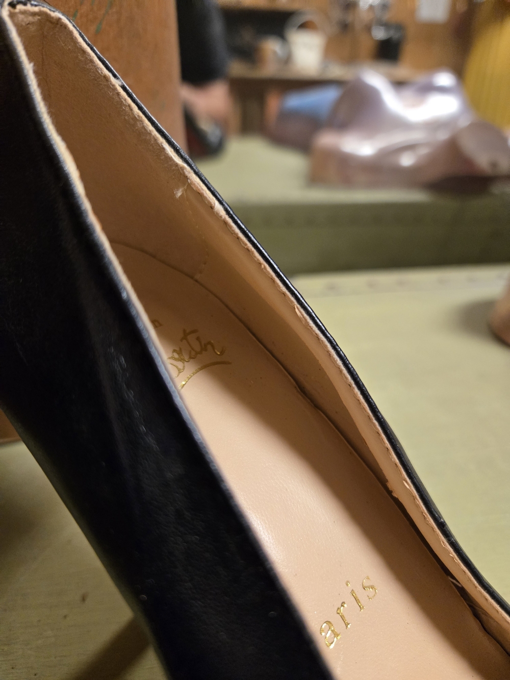 Christian Louboutin Black Leather Peep-Toe Ruched Pumps with Gold Insole - Picture 8 of 11